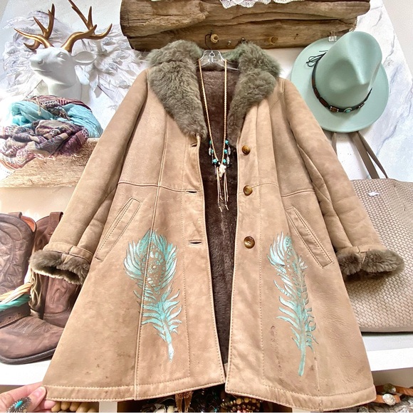 Handpainted Shearling rustic suede AQUA OMBRA leather Gypsy jacket blue feathers - Picture 6 of 16